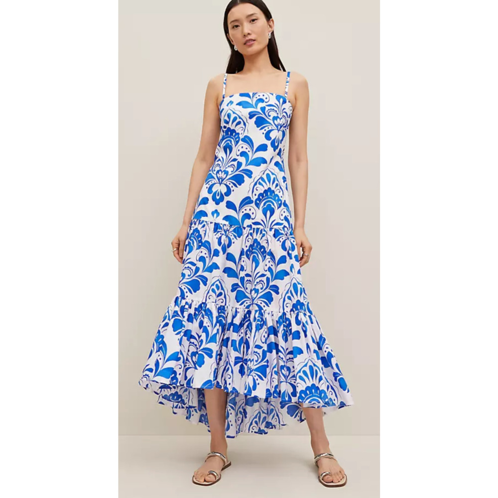 NWT ANN TAYLOR WHITE BLUE PAISLEY TIERED STRAPPY MAXI DRESS SZ 4